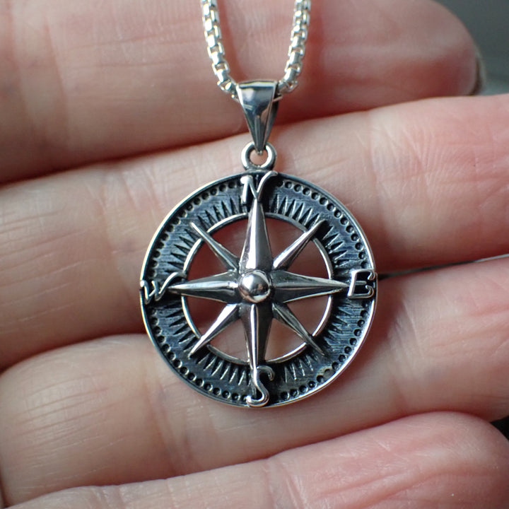Sterling Silver Compass Rose Pendant On Chain