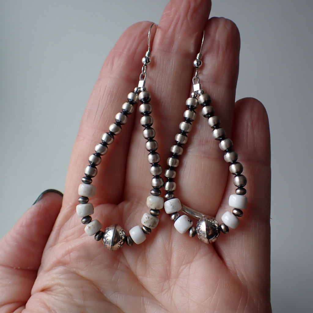 Sterling Silver Navajo Pearl Hoop Earrings with White Buffalo Turquoise by Native American Artist