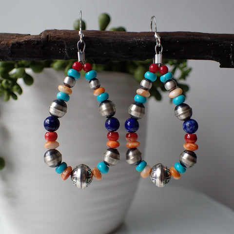 Sterling Silver Navajo Pearl Hoop Earrings with Spiny Oyster, Turquoise & Lapis Lazuli by Native American Artist