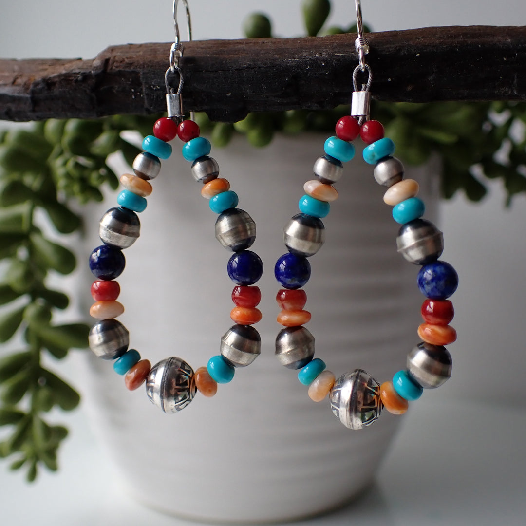 Sterling Silver Navajo Pearl Hoop Earrings with Spiny Oyster, Turquoise & Lapis Lazuli by Native American Artist