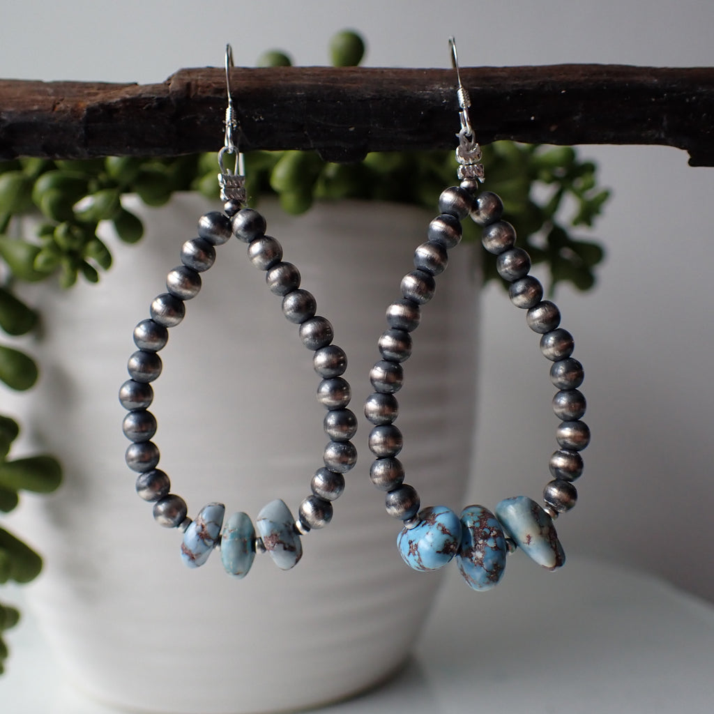 Sterling Silver Navajo Pearl Hoop Earrings with Golden Hills Turquoise Nuggets by Native American Artist