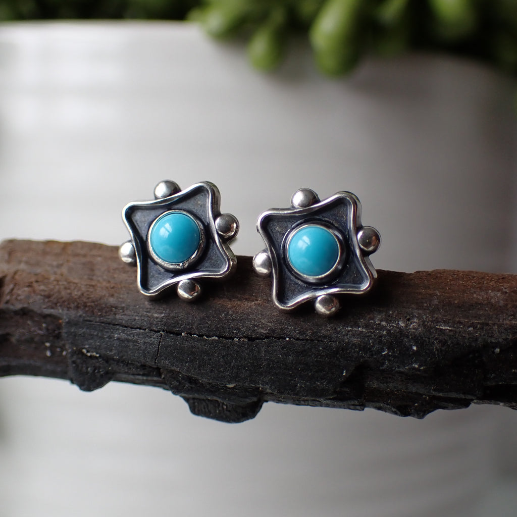 Sterling Silver Turquoise Square Studs by Native American Artist // Navajo Jewelry // Stone Earrings // Boho Jewelry // Sterling Silver