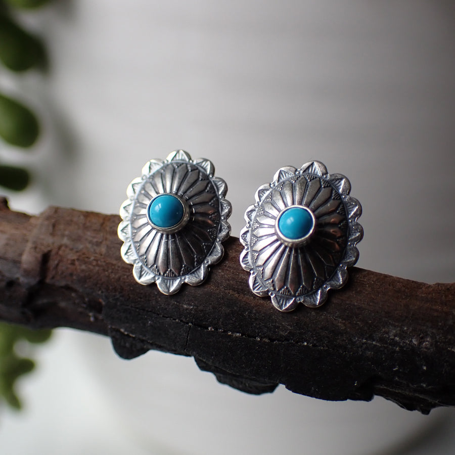 Sterling Silver Turquoise Concho Studs by Native American Artist // Navajo Jewelry // Stone Earrings // Boho Jewelry // Sterling Silver