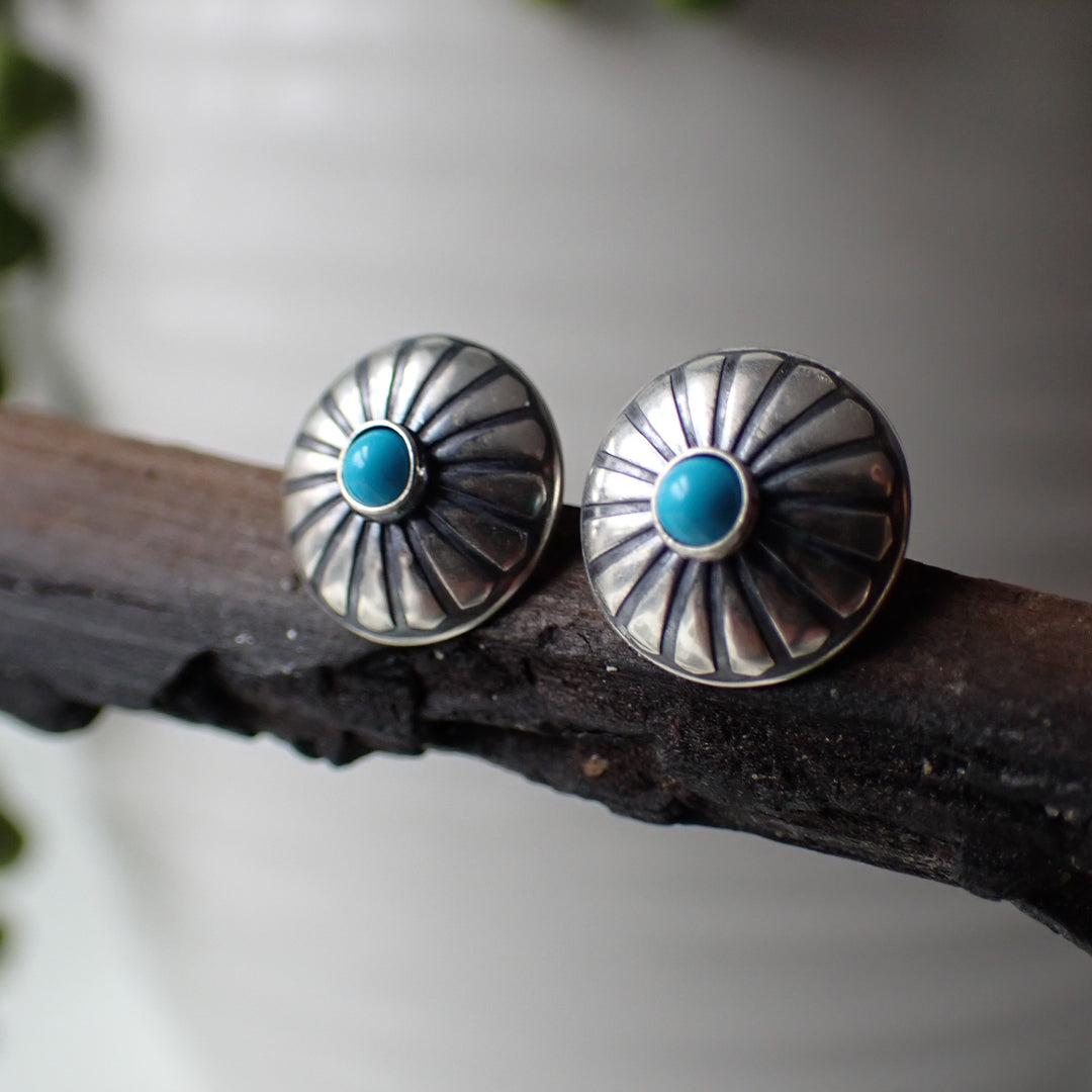Sterling Silver Turquoise Concho Studs by Native American Artist // Navajo Jewelry // Stone Earrings // Boho Jewelry // Sterling Silver