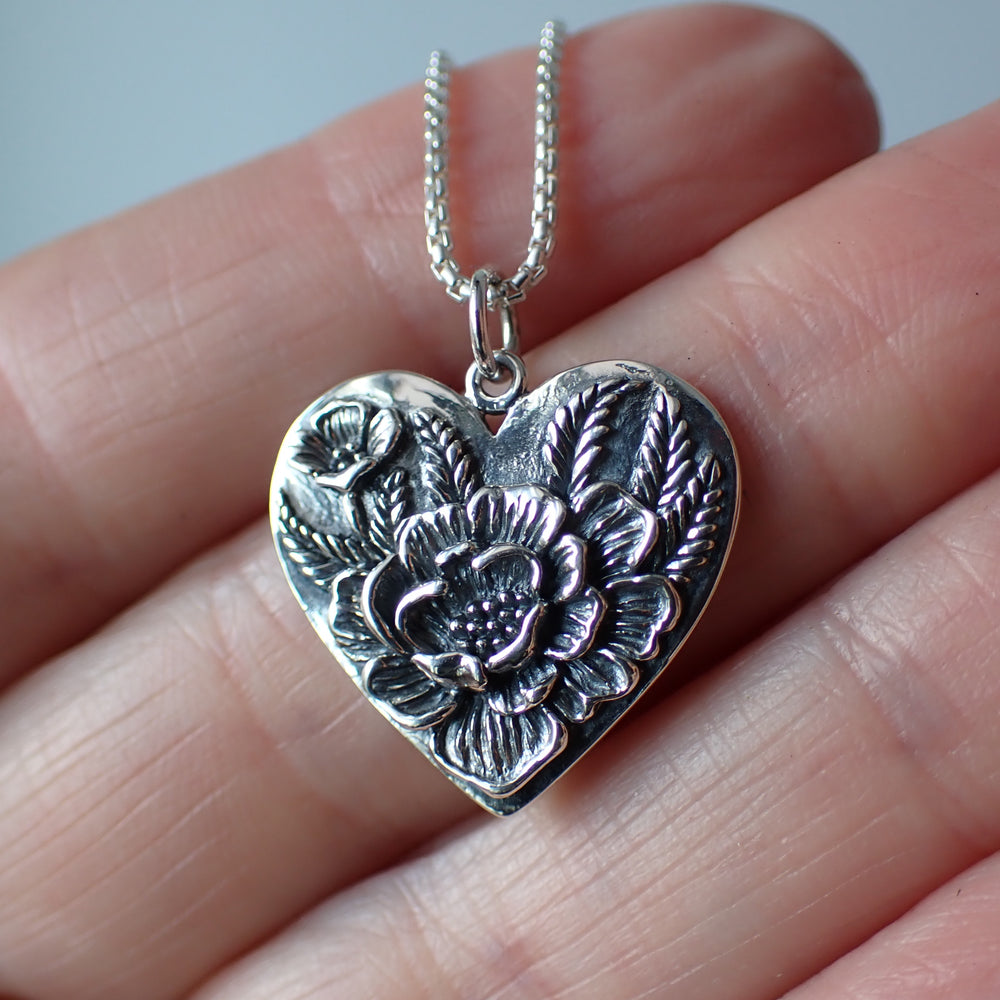 Recycled Sterling Silver Floral Heart Pendant made from Recycled Silver