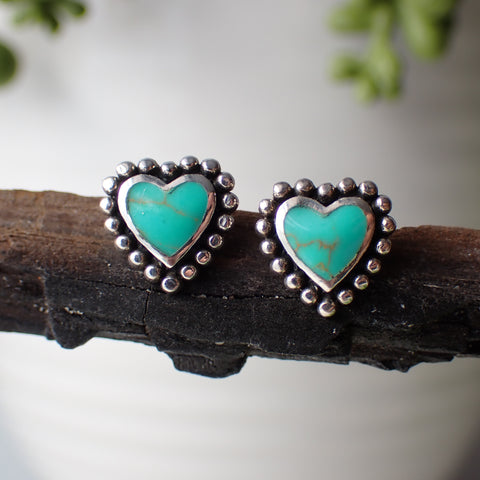 Turquoise Sterling Silver Heart Stud Earrings with dotted edge