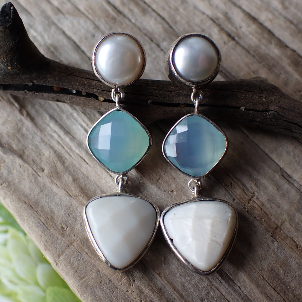 chalcedony and pearl drop stud earrings