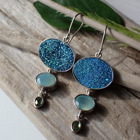Titanium Druzy, Chalcedony and Peridot Sterling Silver Earrings