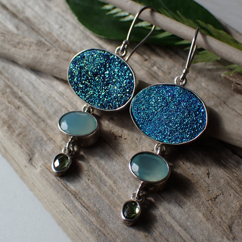 Titanium Druzy, Chalcedony and Peridot Sterling Silver Earrings