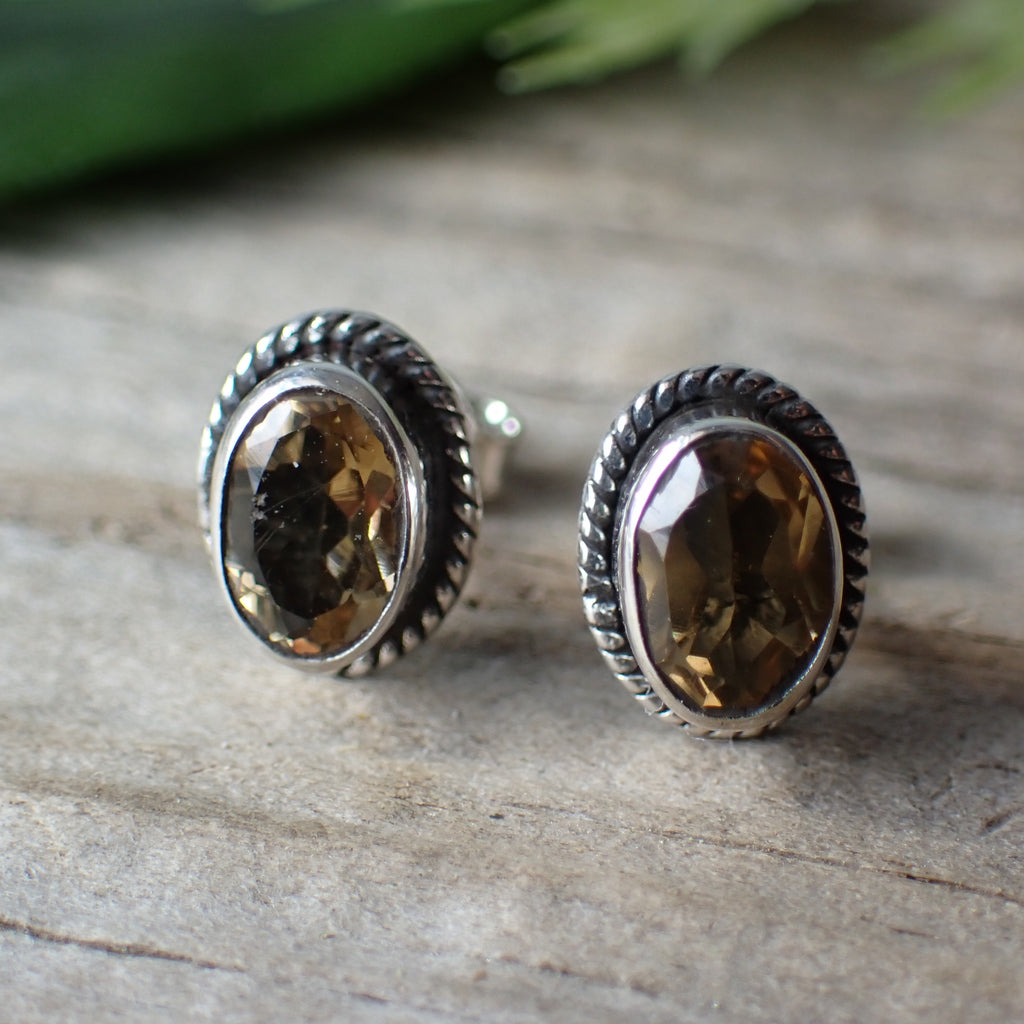 sterling silver  oval citrine stud earrings with rope edge