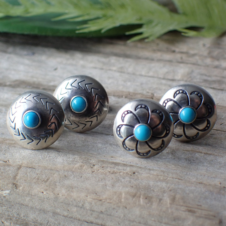 Sterling Silver Stamped Turquoise Concho Studs by Native American Artist
