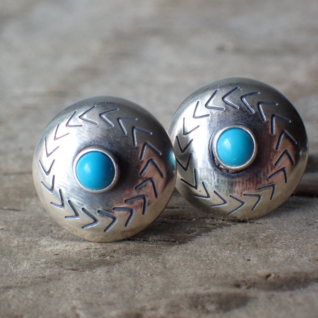 Sterling Silver Stamped Turquoise Concho Studs by Native American Artist