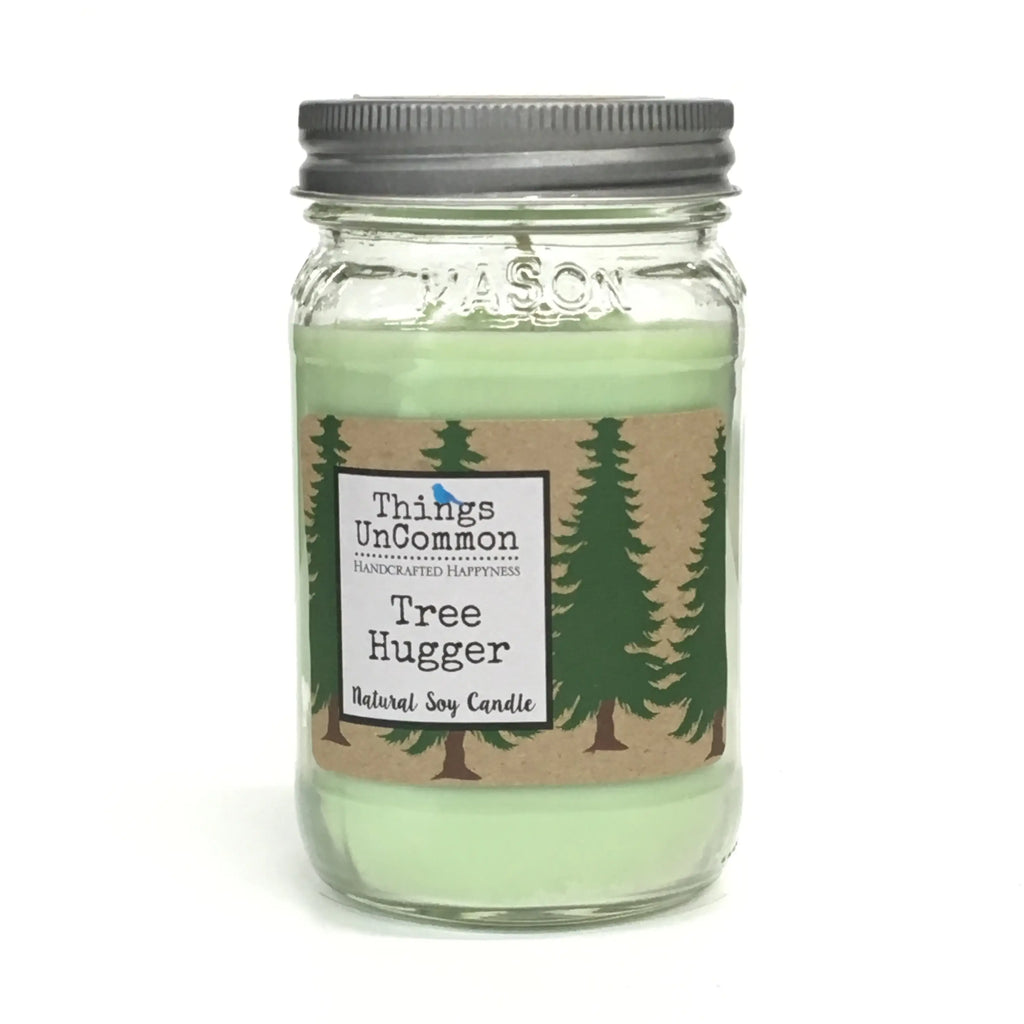 PINE NEEDLES, BALSAM, SWEET BERRIES, SPICE, PATCHOULI & VANILLA TREE HUGGER SOY CANDLE MASON JAR THINGS UNCOMMON