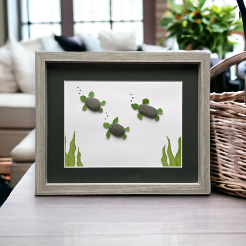 Three Turtles with Coral Sea Glass Picture
