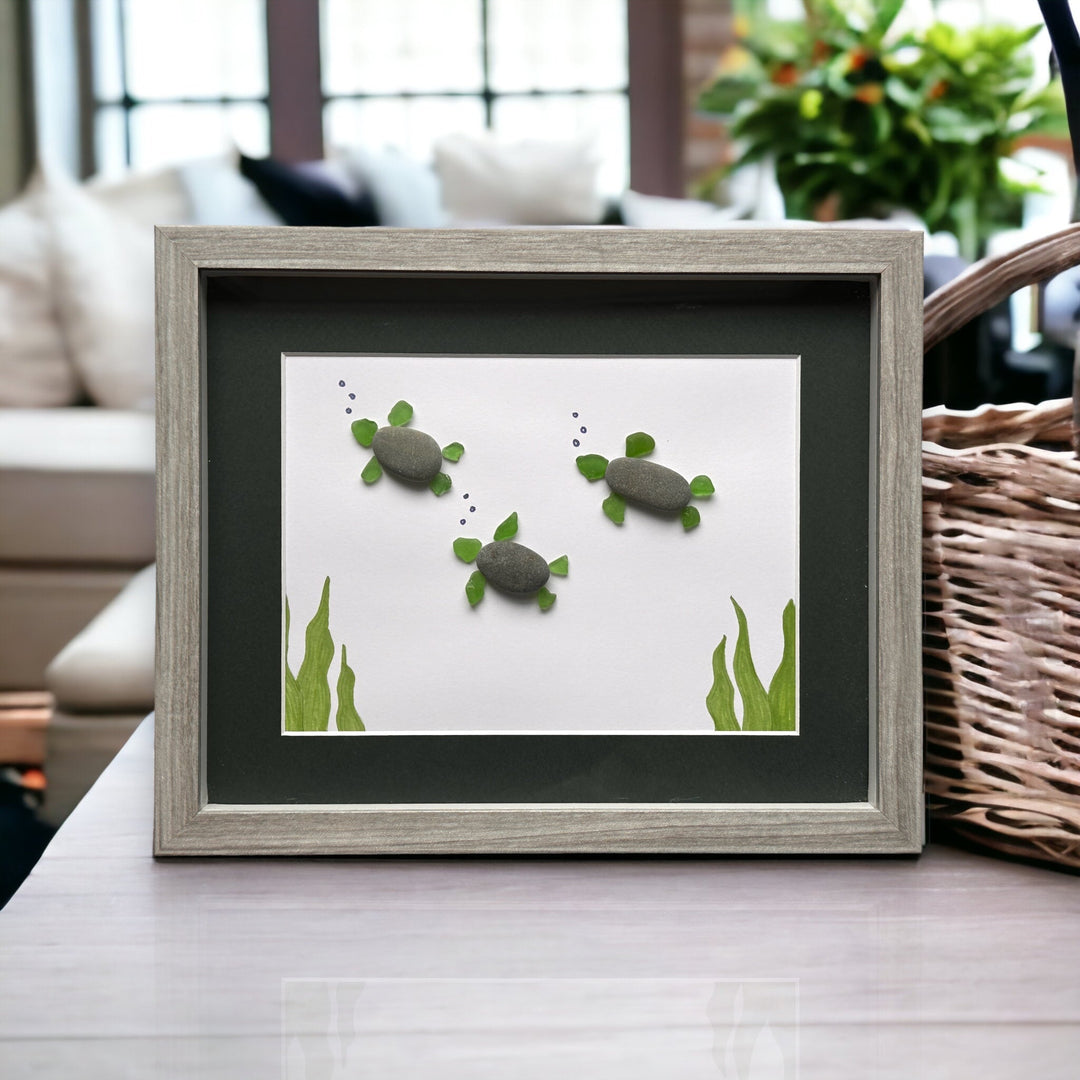 Three Turtles with Coral Sea Glass Picture