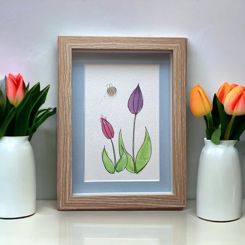 Watercolor Tulips with a Sea Glass Bumble Bee Picture