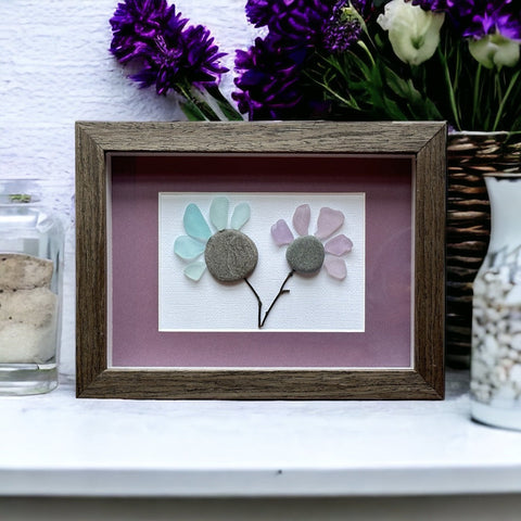 Blue And Purple Sea Glass And Stone Flower Power Upcycled Picture