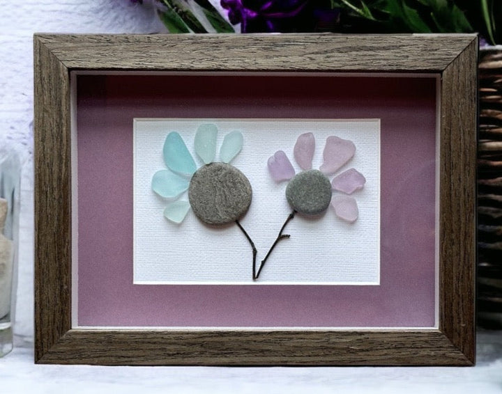 Blue And Purple Sea Glass And Stone Flower Power Upcycled Picture