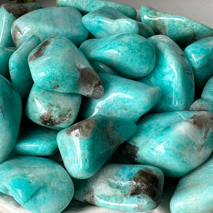 Amazonite avec pierre roulée de quartz fumé