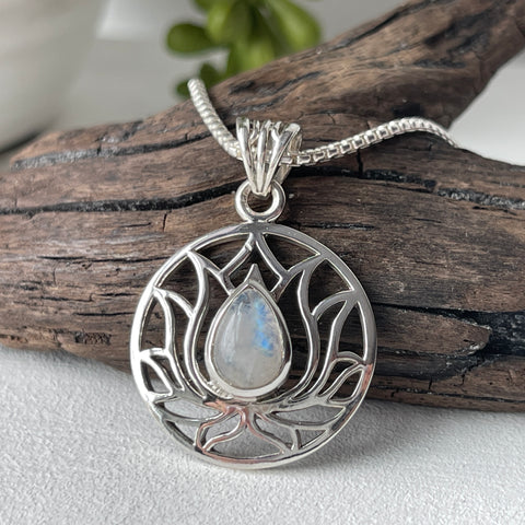 Rainbow Moonstone Sterling Silver Lotus Necklace