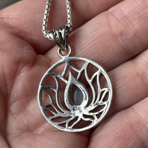 Rainbow Moonstone Sterling Silver Lotus Necklace