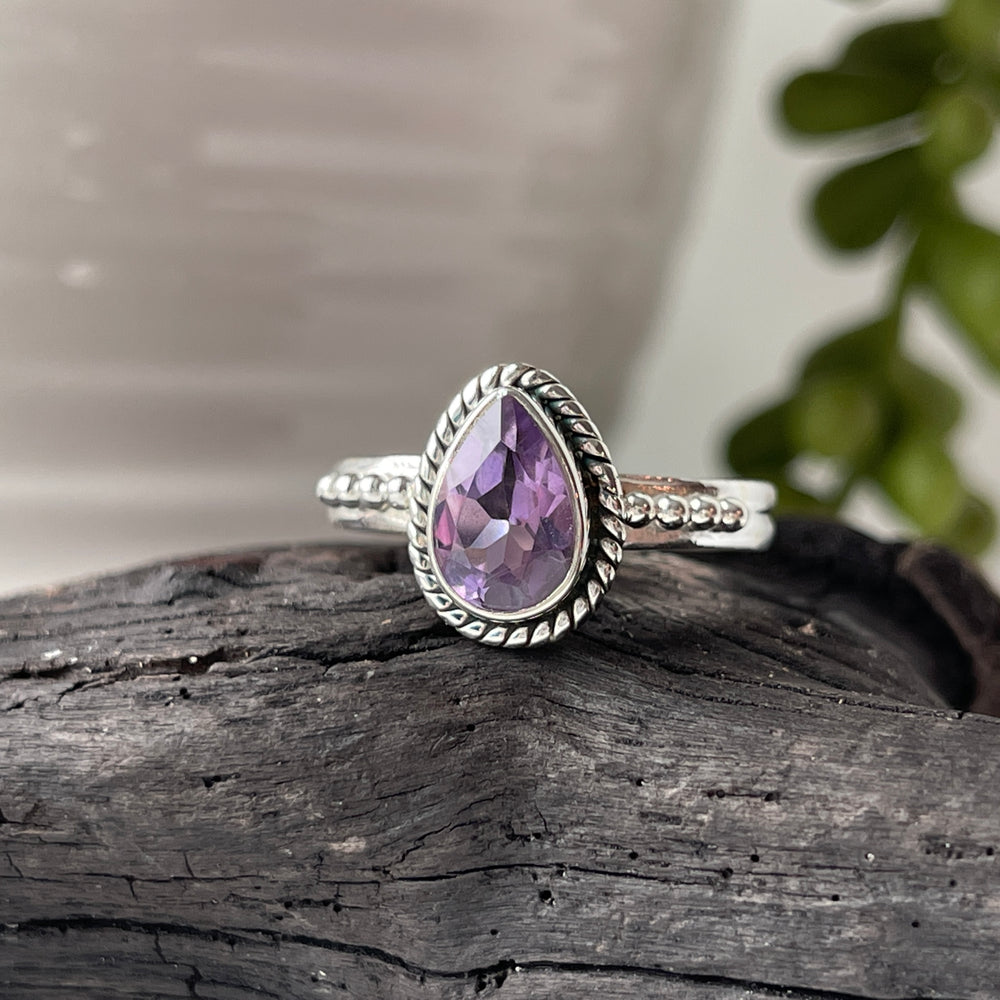 sterling silver amethyst crystal faceted stone ring