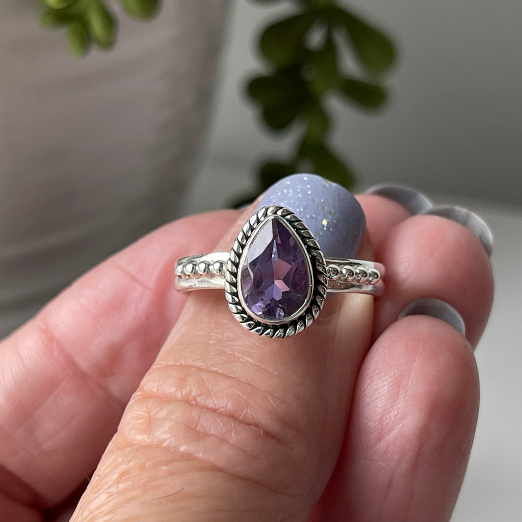 sterling silver amethyst crystal faceted stone ring