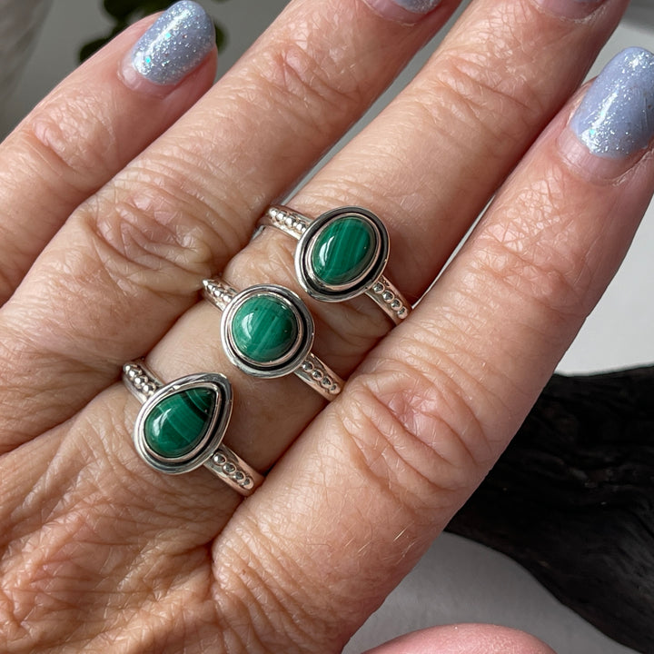 sterling silver malachite stone crystal ring
