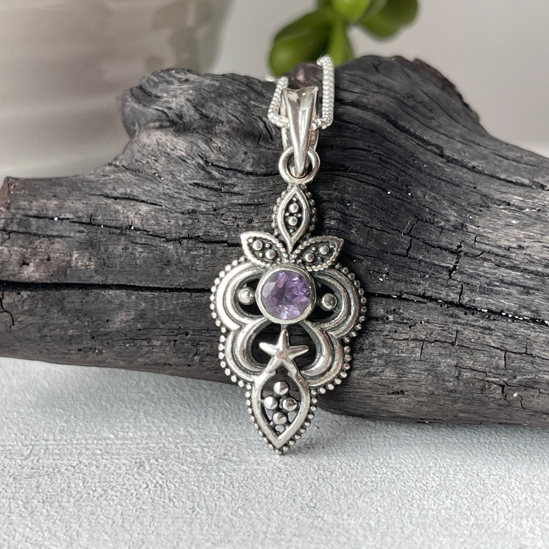 sterling silver faceted amethyst stone crystal pendant