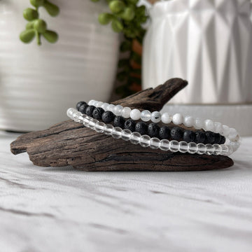 cancer rainbow moonstone lava rock and clear quartz zodiac bracelet set