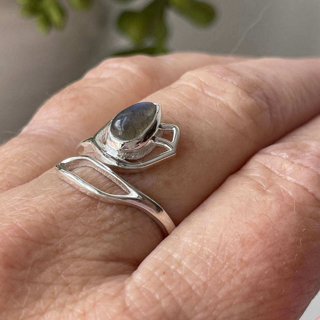 sterling silver labradorite stone crystal lotus flower ring