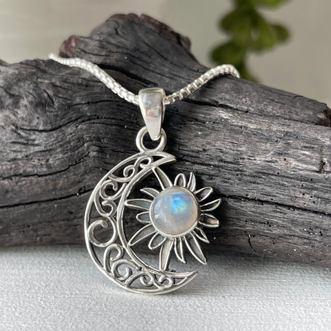 sterling silver moonstone sun moon celestial stone pendant necklace