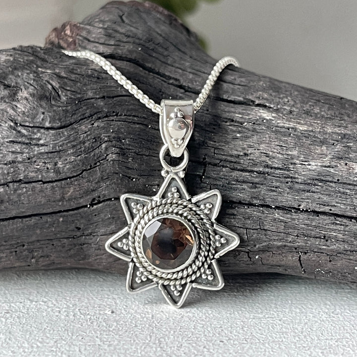 sterling silver smoky quartz stone crystal sun pendant