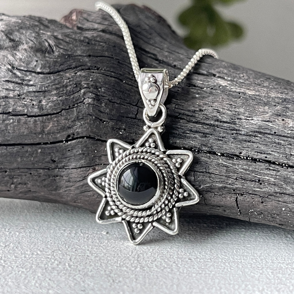 sterling silver black onyx stone crystal pendant necklace