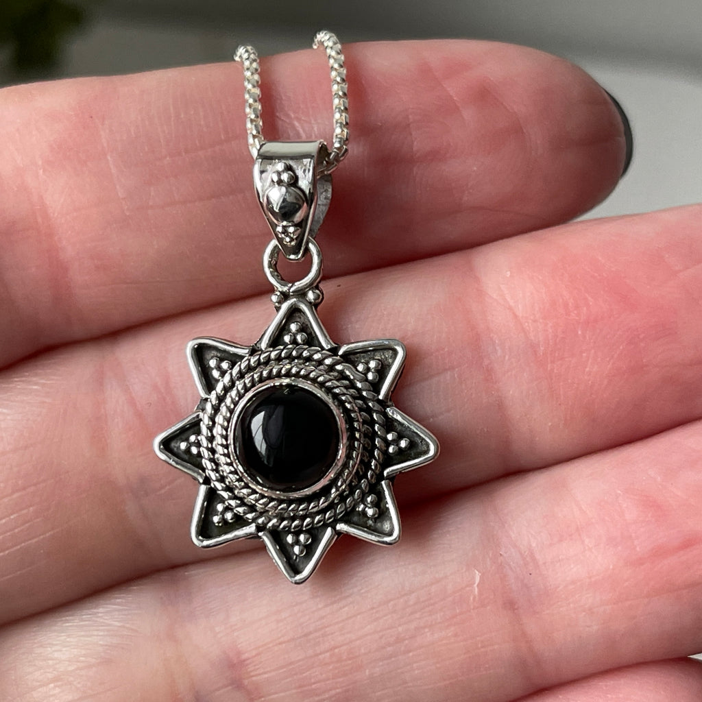 sterling silver black onyx stone crystal pendant necklace