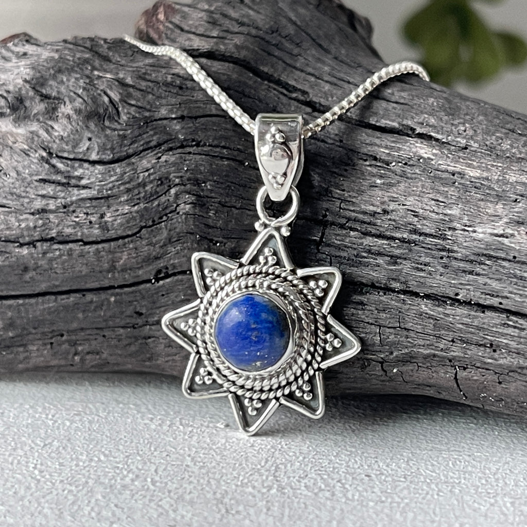 sterling silver lapis stone sun pendant