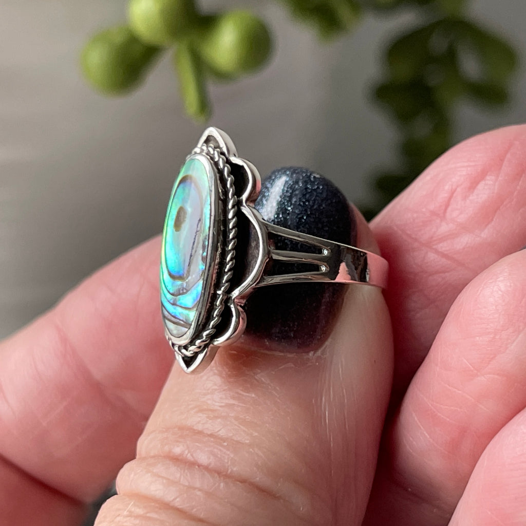 sterling silver abalone stone crystal ring