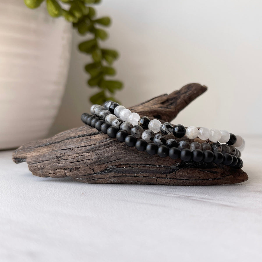 protection gemstone bracelet set tourmalinated quartz larvikite black agate