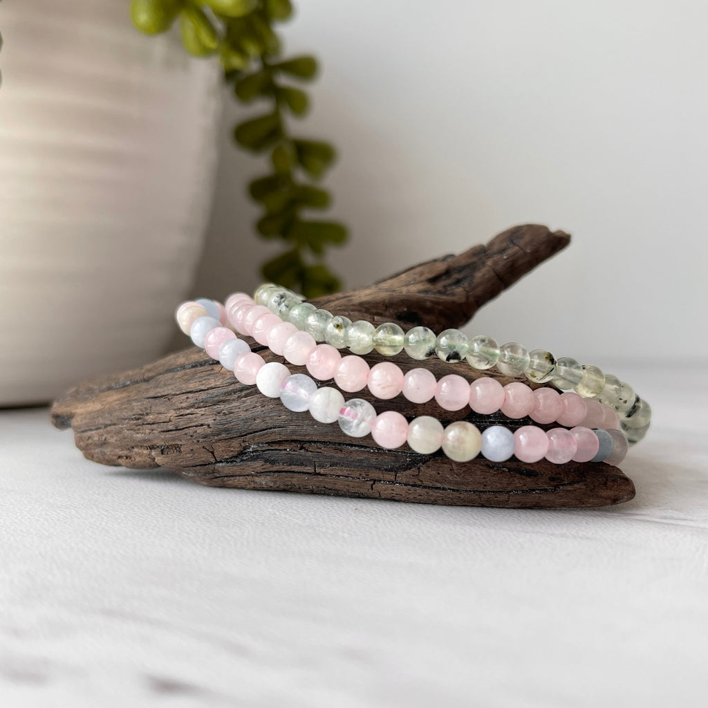 love gemstone bracelet stack rose quartz beryl prehnite
