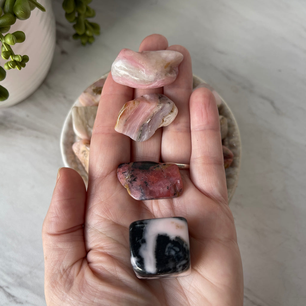 pink opal crystal pocket tumbled stone