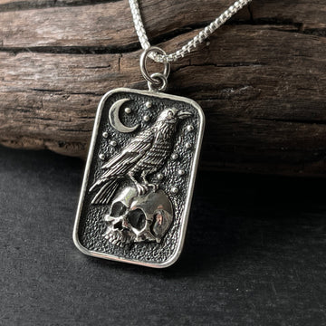 sterling silver witch raven skull moon Salem charm pendant necklace