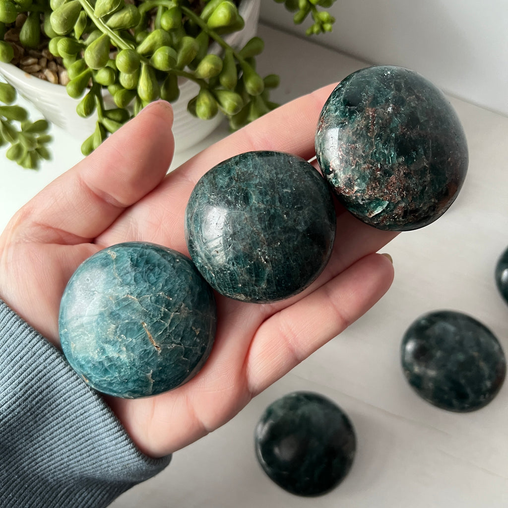 green apatite crystal tumbled  palm stone
