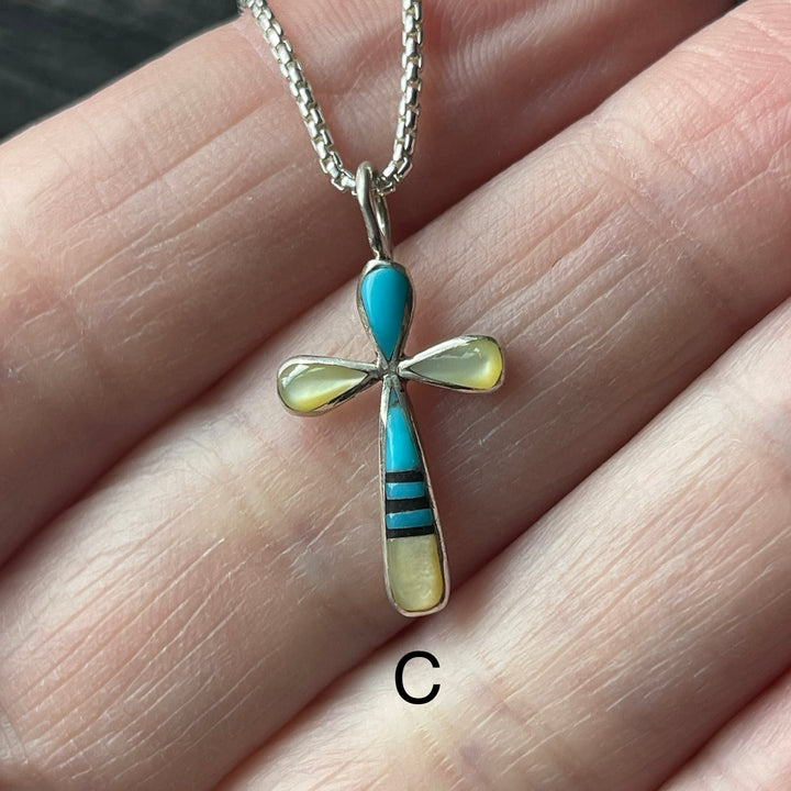 Zuni Artist Kristina Bowannie Made Small Inlay Cross Necklace