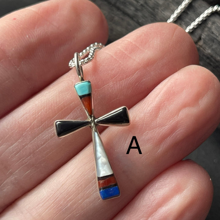 Zuni Artist Kristina Bowannie Made Medium Inlay Cross Necklace