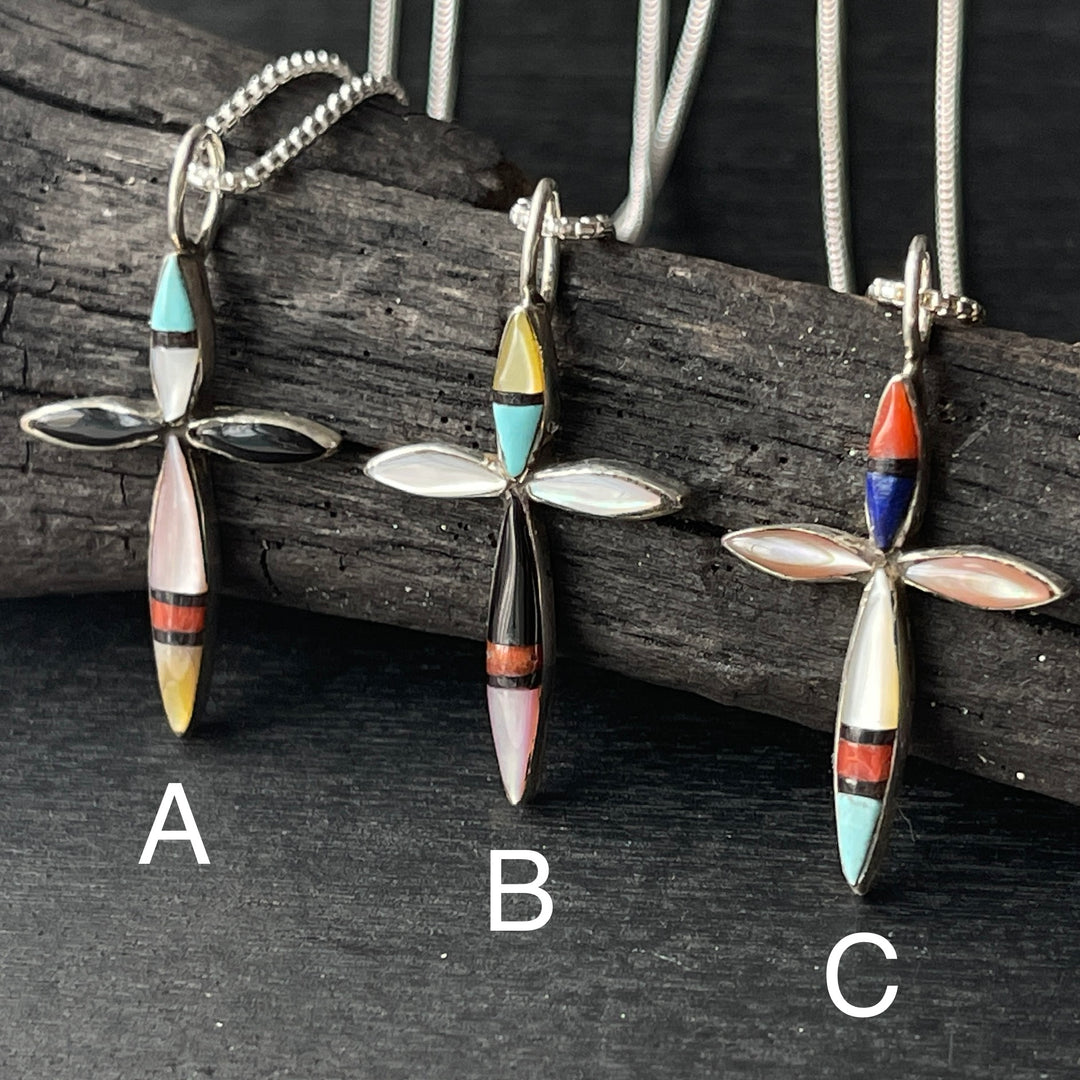 Zuni Artist Kristina Bowannie Made Medium Inlay Cross Necklace
