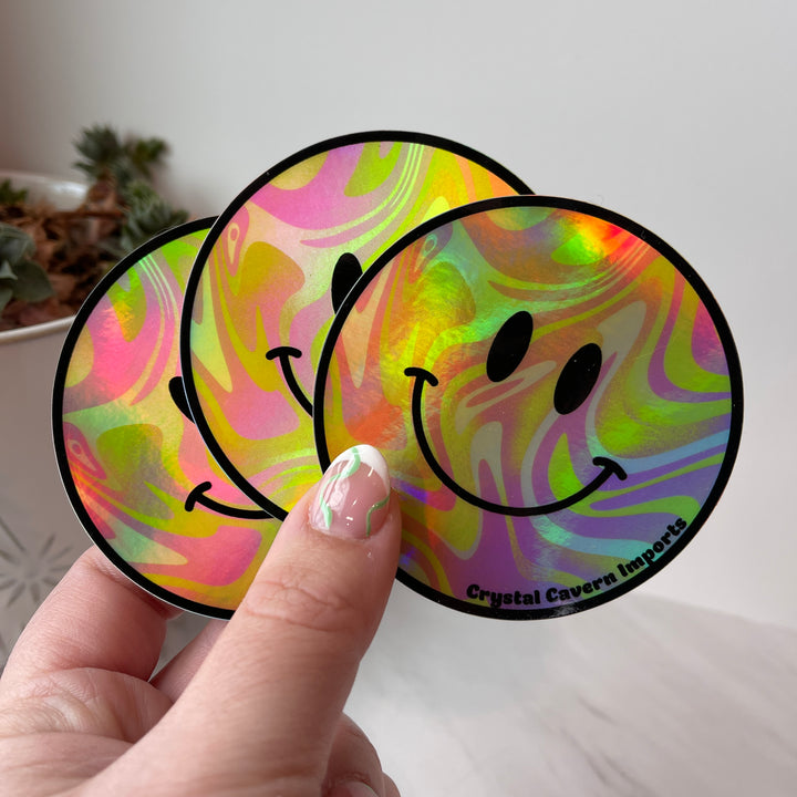Pegatina de vinilo impermeable holográfica con cara sonriente