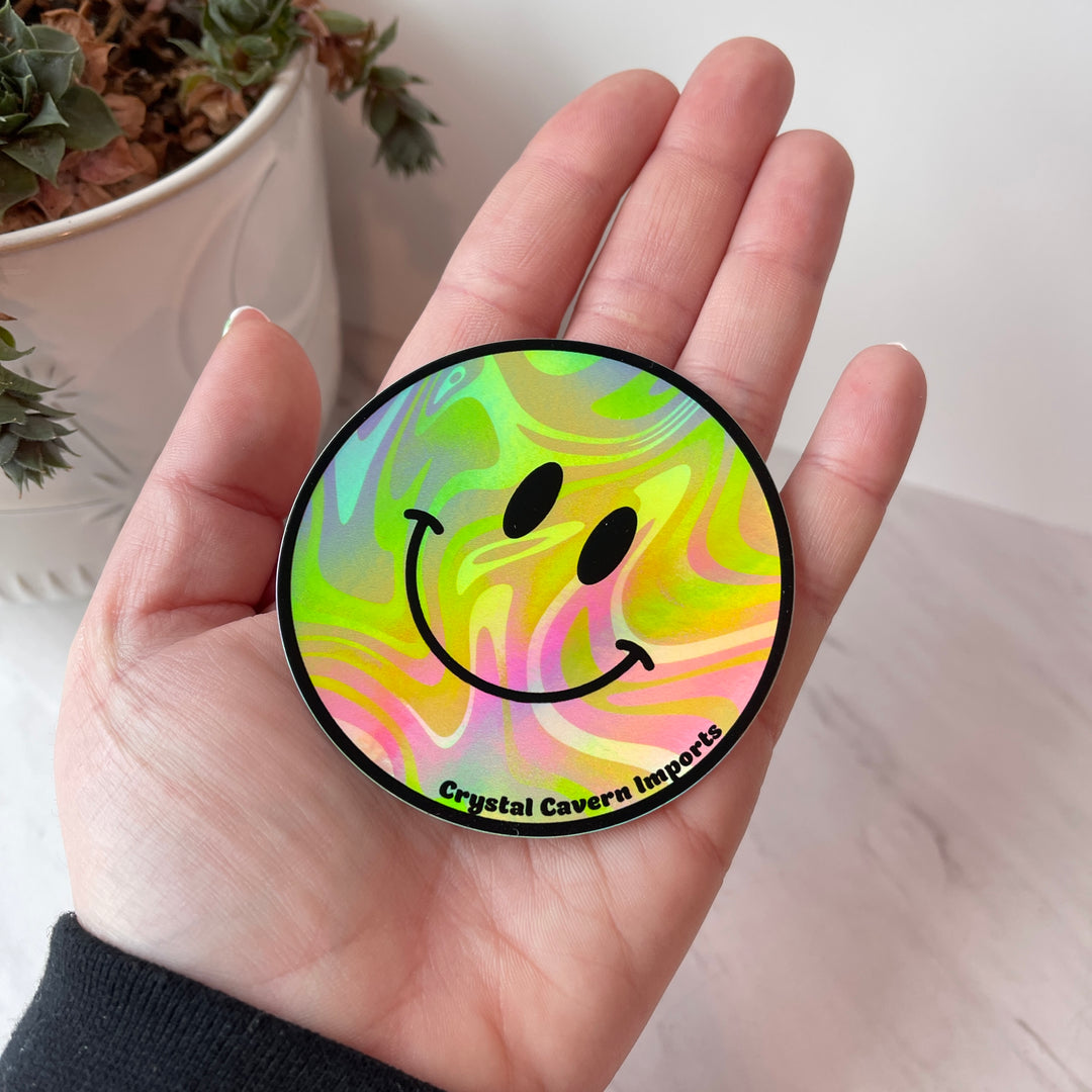 Pegatina de vinilo impermeable holográfica con cara sonriente