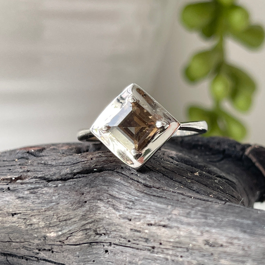 sterling silver smoky quartz stone crystal faceted ring