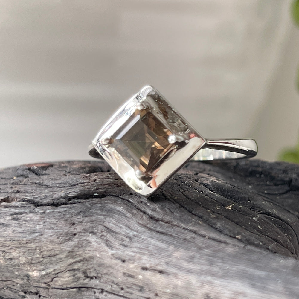 sterling silver smoky quartz stone crystal faceted ring