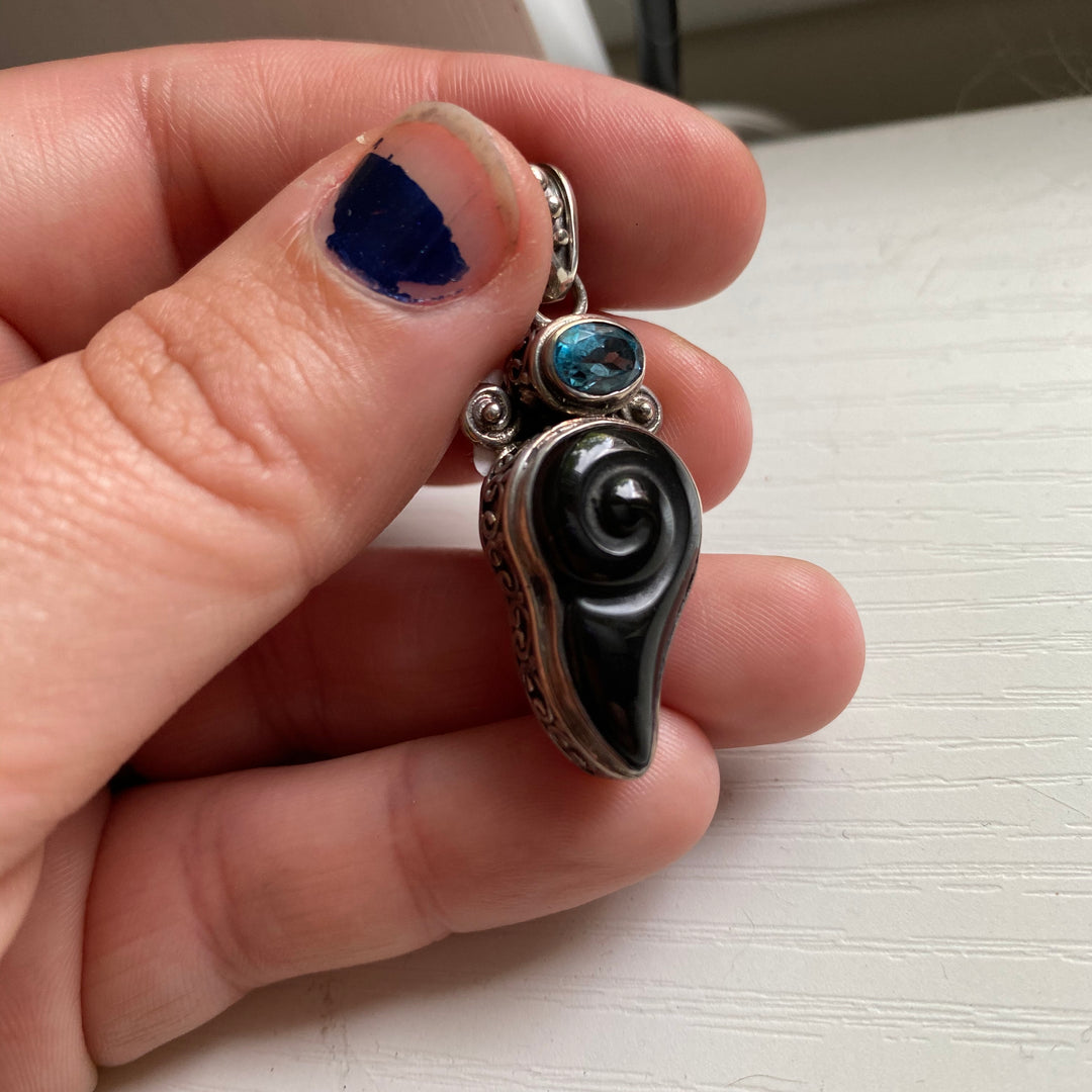 Onyx and Blue Topaz Sterling Silver Pendant